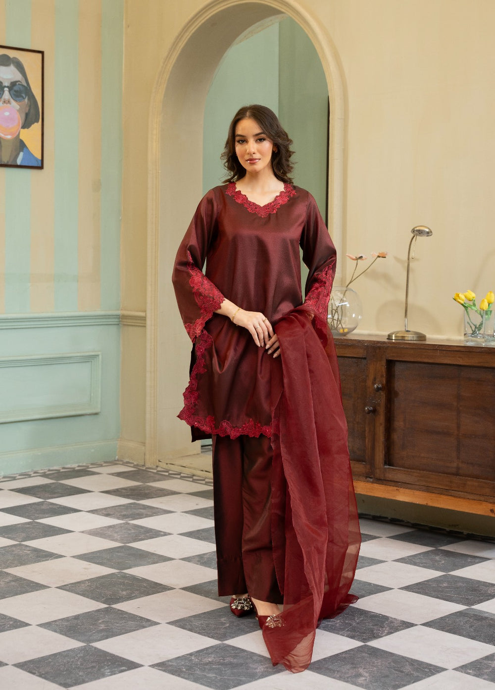 Naaz Couture RTW Embroidered Silk 3 Piece Suit Suit-Maroon Festive Collection
