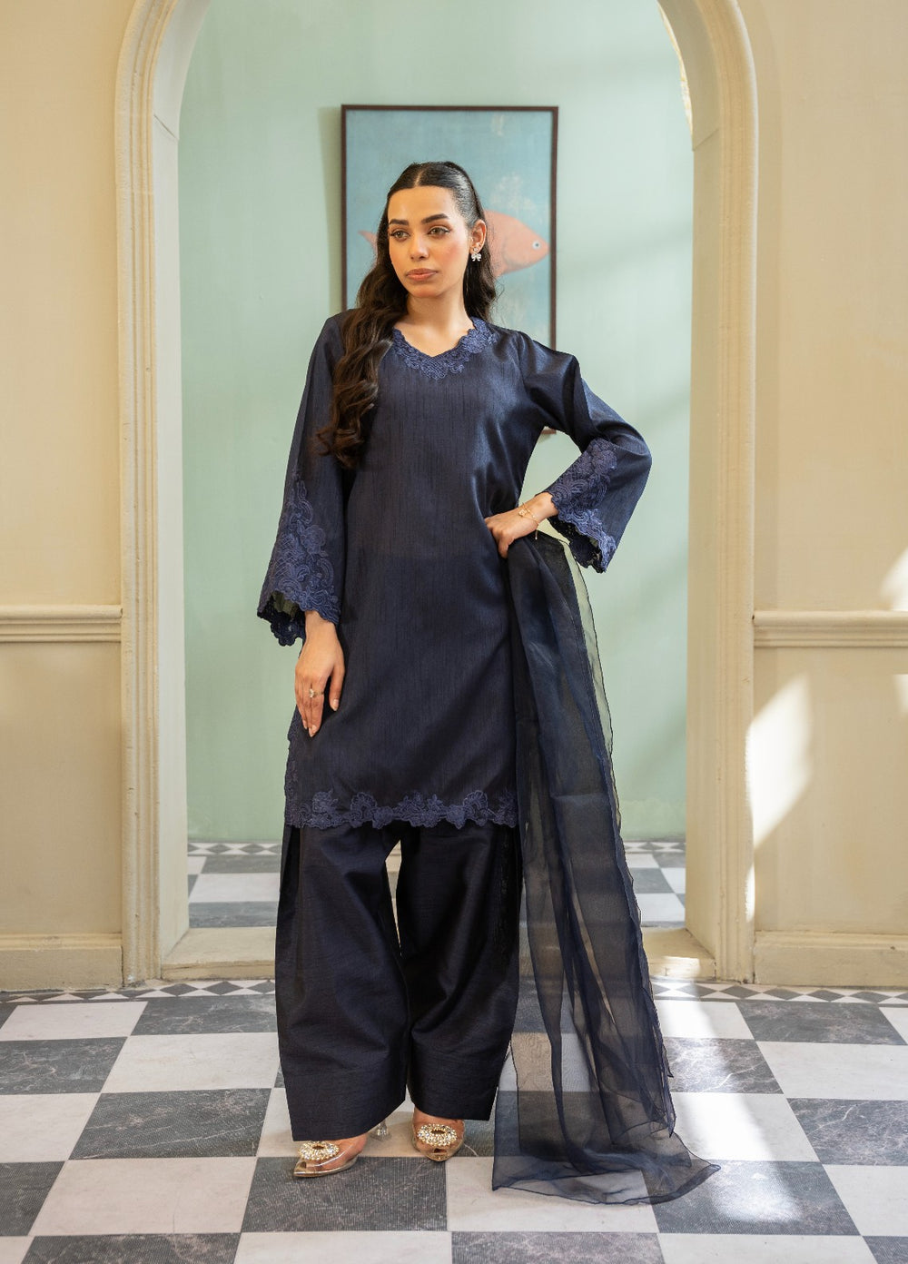 Naaz Couture RTW Embroidered Lawn 3 Piece Suit Suit-Navy Blue Festive Collection