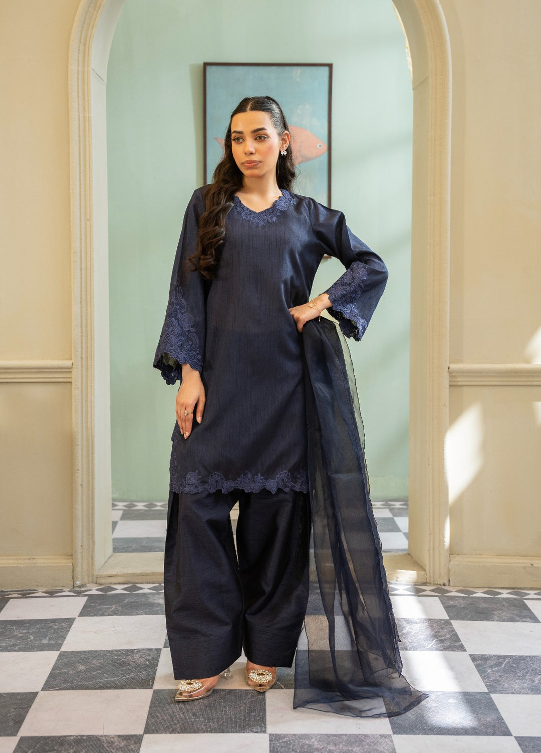 Naaz Couture RTW Embroidered Lawn 3 Piece Suit Suit-Navy Blue Festive Collection