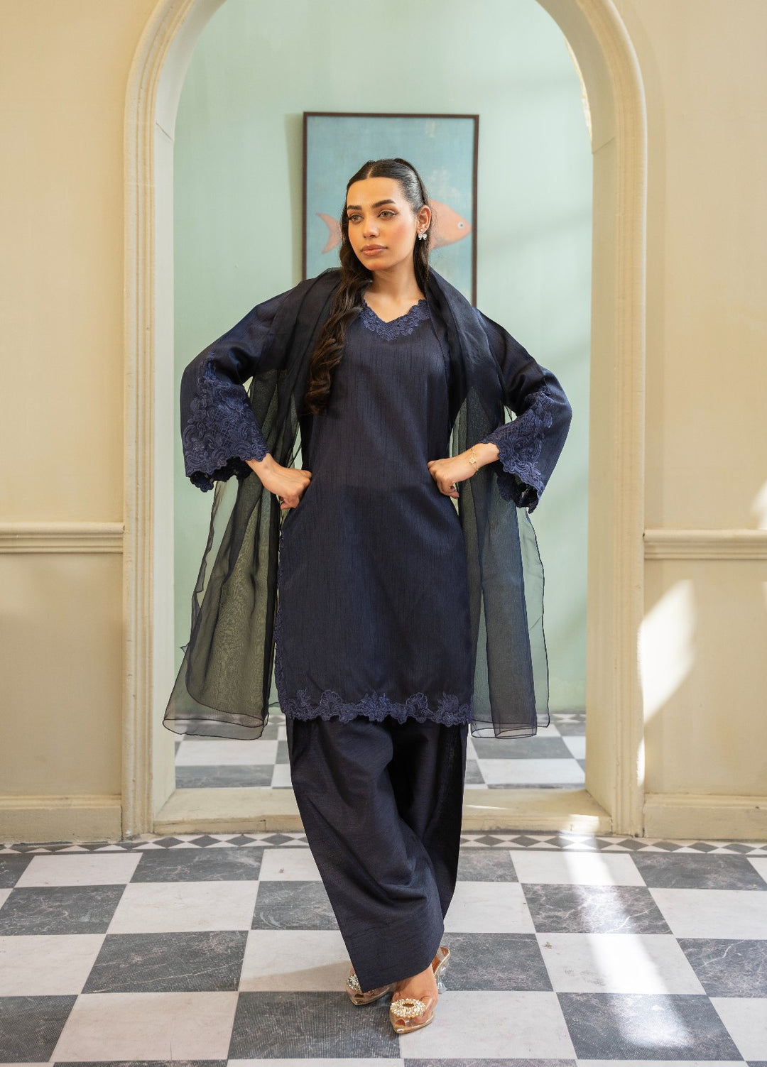 Naaz Couture RTW Embroidered Lawn 3 Piece Suit Suit-Navy Blue Festive Collection