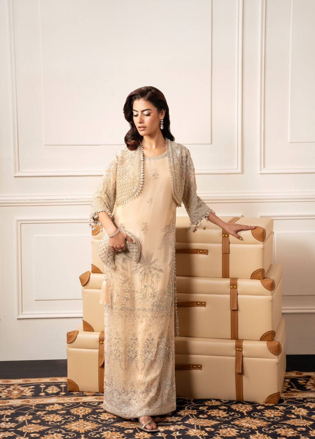 Check In by Zarizaa Unstitched Embroidered Chiffon 3 Piece Suit CREME Festive Collection