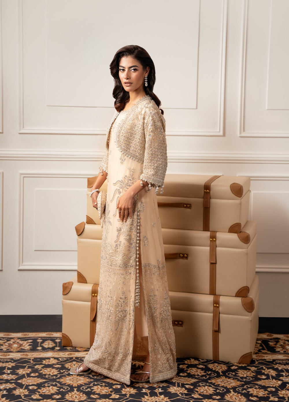 Check In by Zarizaa Unstitched Embroidered Chiffon 3 Piece Suit CREME Festive Collection