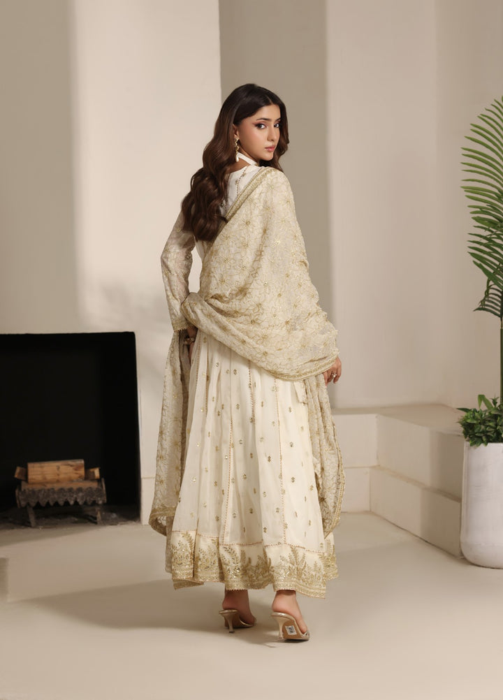 Unss Apparel Women RTW Embroidered Chiffon 3 Piece Suit Noor Off White Festive Collection
