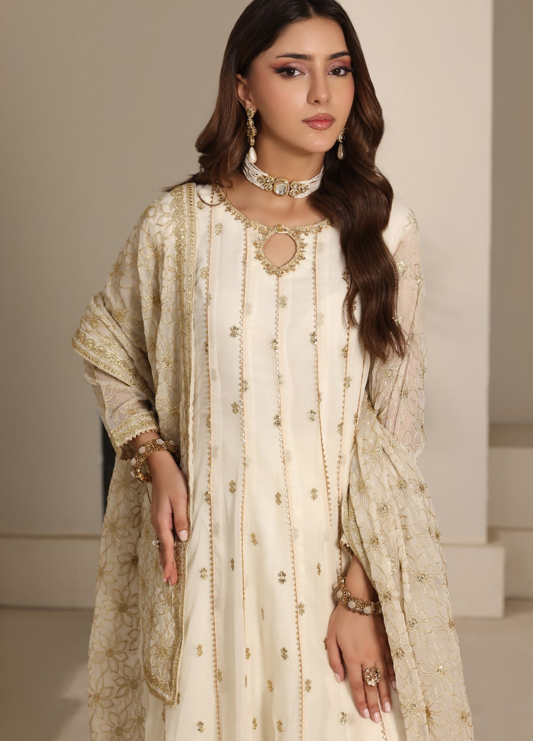 Unss Apparel Women RTW Embroidered Chiffon 3 Piece Suit Noor Off White Festive Collection