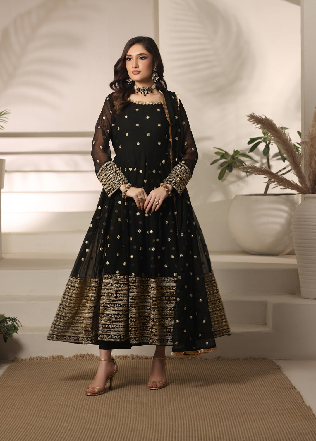 Unss Apparel Women RTW Embroidered Chiffon 3 Piece Suit Mayal Black Festive Collection