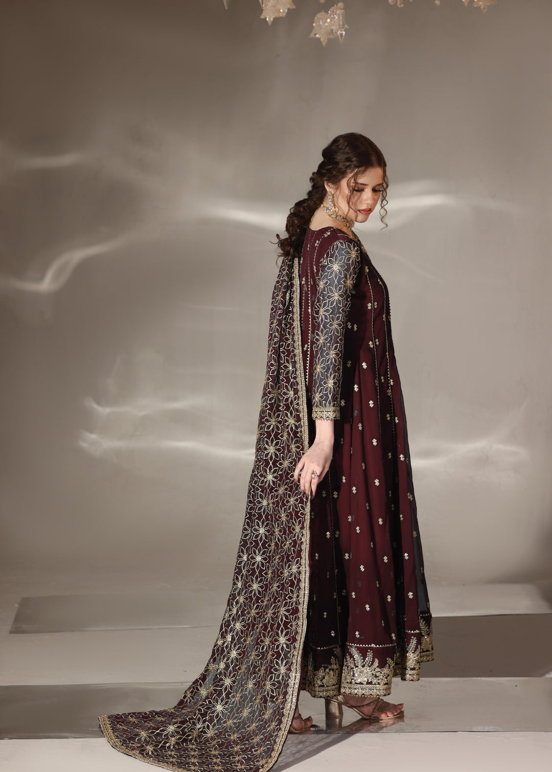Unss Apparel Women RTW Embroidered Chiffon 3 Piece Suit Noor Maroon Festive Collection