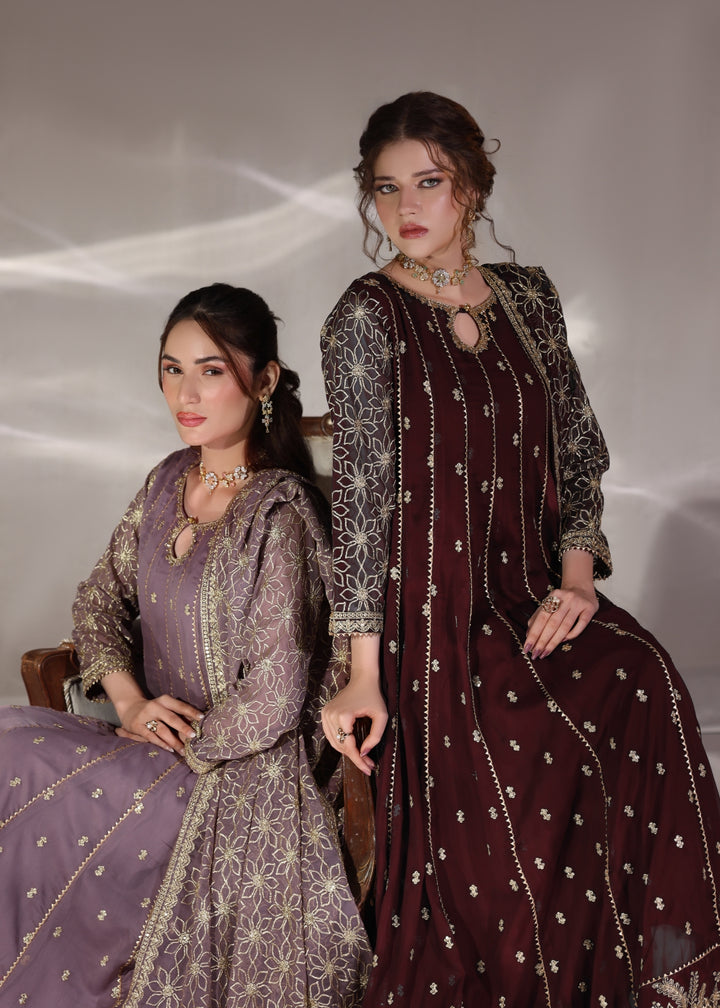 Unss Apparel Women RTW Embroidered Chiffon 3 Piece Suit Noor Maroon Festive Collection