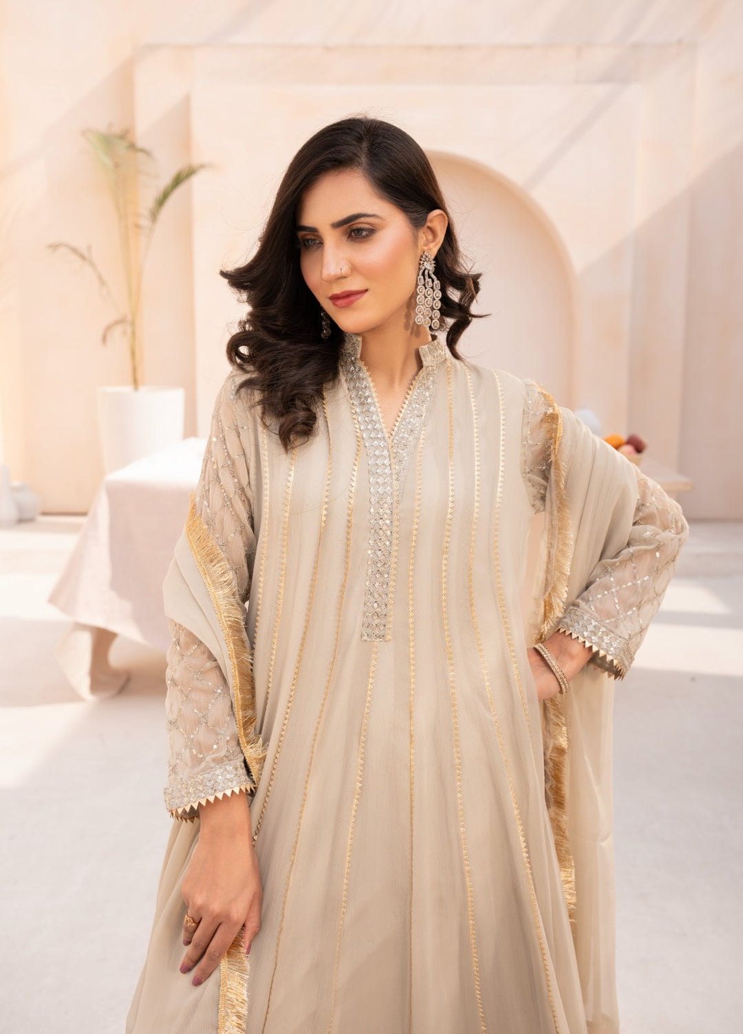 Kashish by HEM Women RTW Embroidered Chiffon 3 Piece Suit Beige Festive Collection