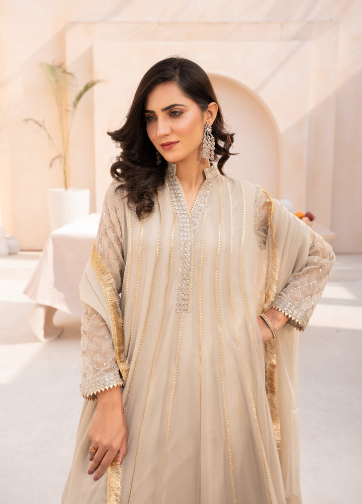 Kashish by HEM Women RTW Embroidered Chiffon 3 Piece Suit Beige Festive Collection