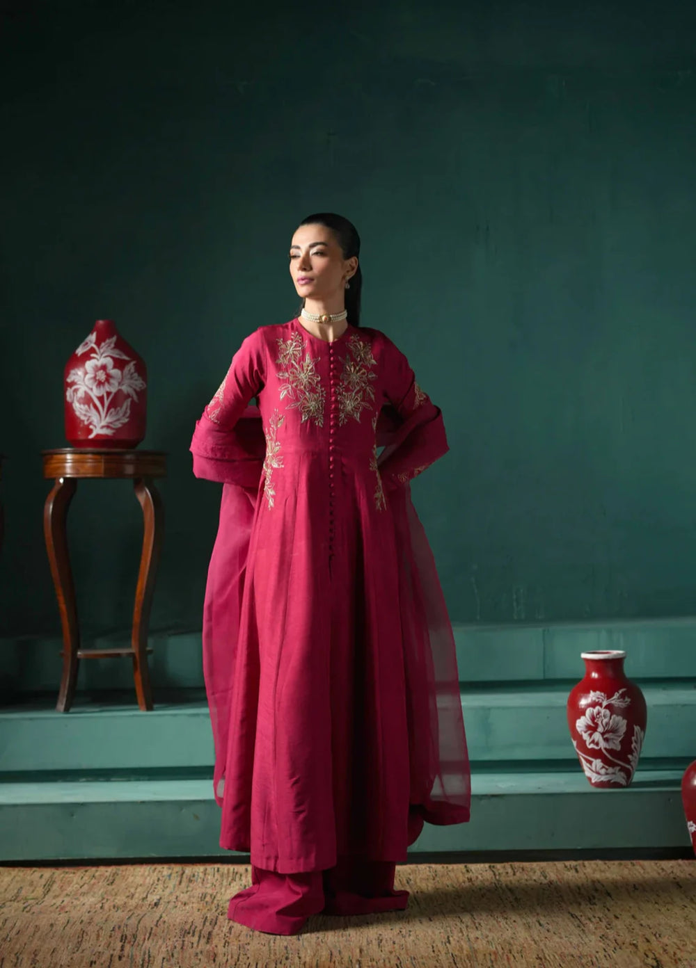 Koel by Jahaan RTW Embroidered Raw Silk 3 Piece Suit Claret Festive Collection