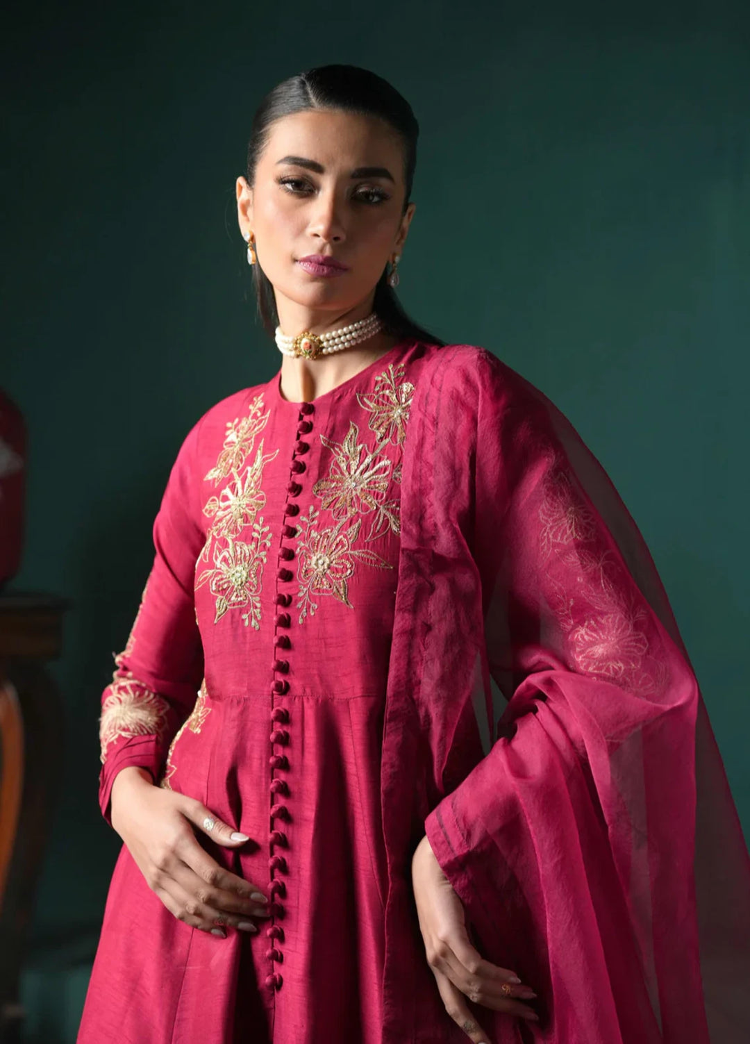Koel by Jahaan RTW Embroidered Raw Silk 3 Piece Suit Claret Festive Collection