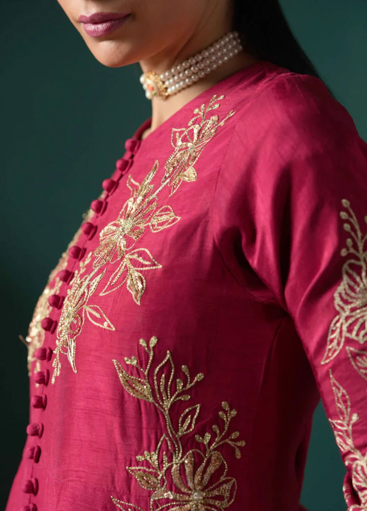 Koel by Jahaan RTW Embroidered Raw Silk 3 Piece Suit Claret Festive Collection