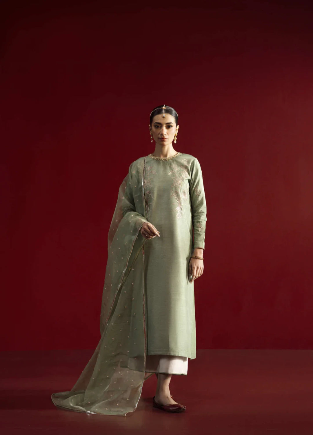 Koel by Jahaan RTW Embroidered Raw Silk 3 Piece Suit Aloe Festive Collection