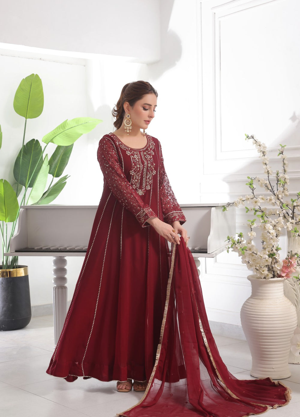 Rasm e Bahaar by Al Siyaab RTW Embroidered Chiffon 3 Piece Suit Raani Maroon Festive Collection
