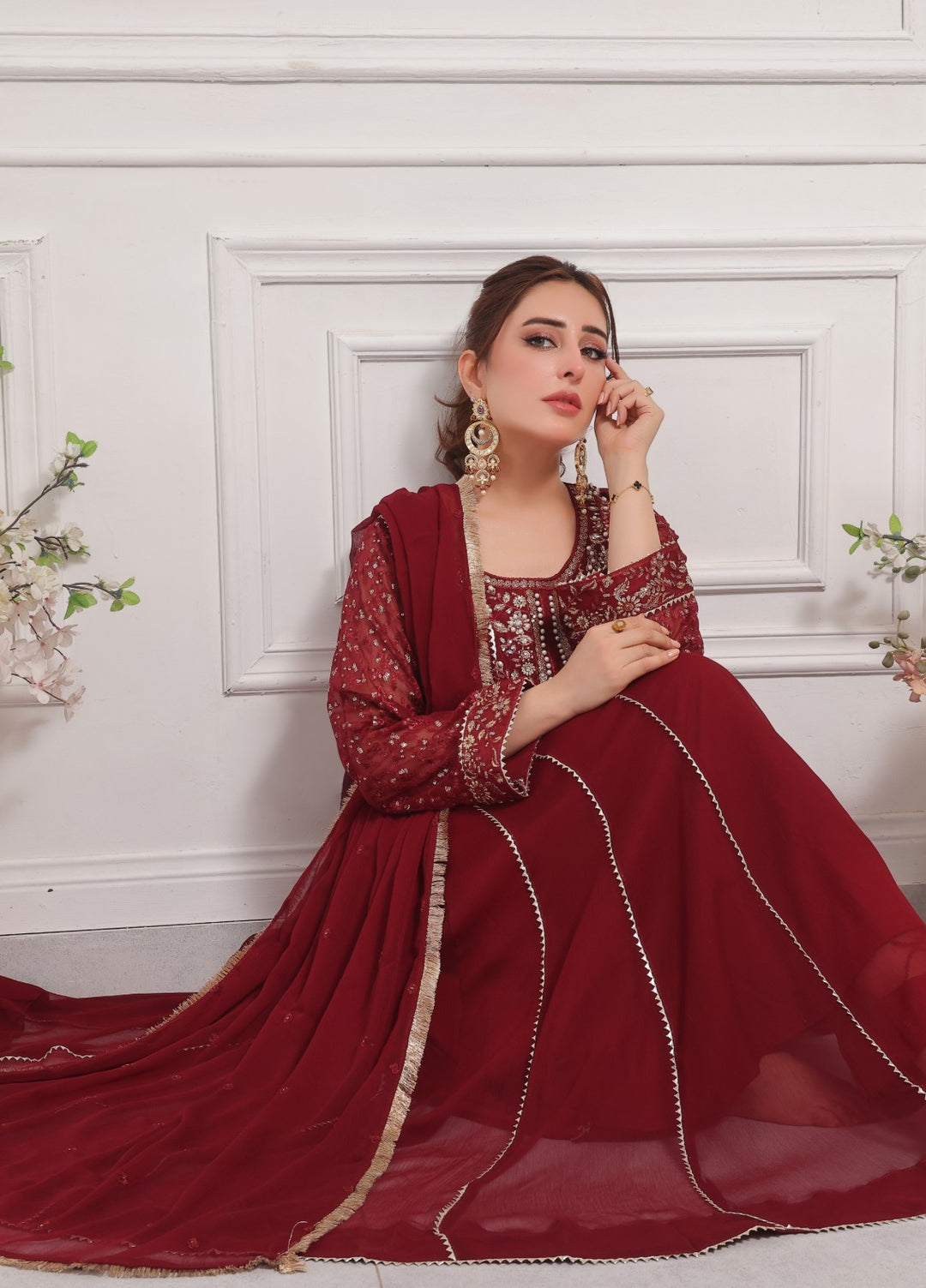 Rasm e Bahaar by Al Siyaab RTW Embroidered Chiffon 3 Piece Suit Raani Maroon Festive Collection