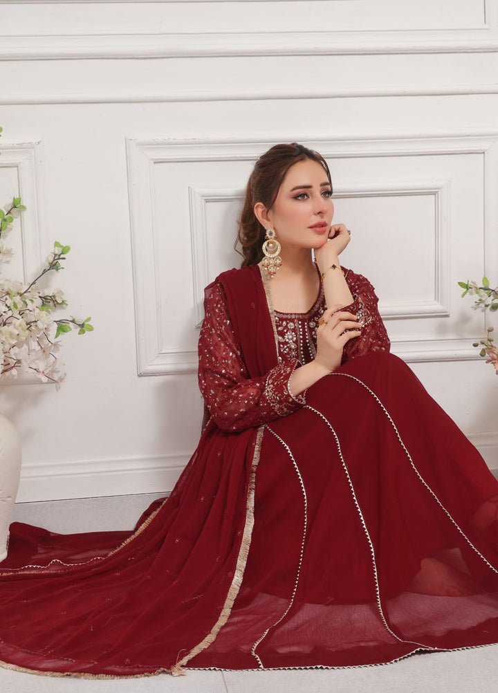 Rasm e Bahaar by Al Siyaab RTW Embroidered Chiffon 3 Piece Suit Raani Maroon Festive Collection