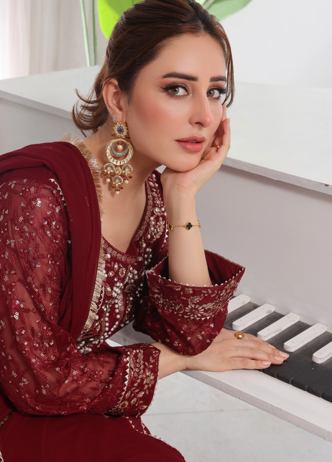 Rasm e Bahaar by Al Siyaab RTW Embroidered Chiffon 3 Piece Suit Raani Maroon Festive Collection