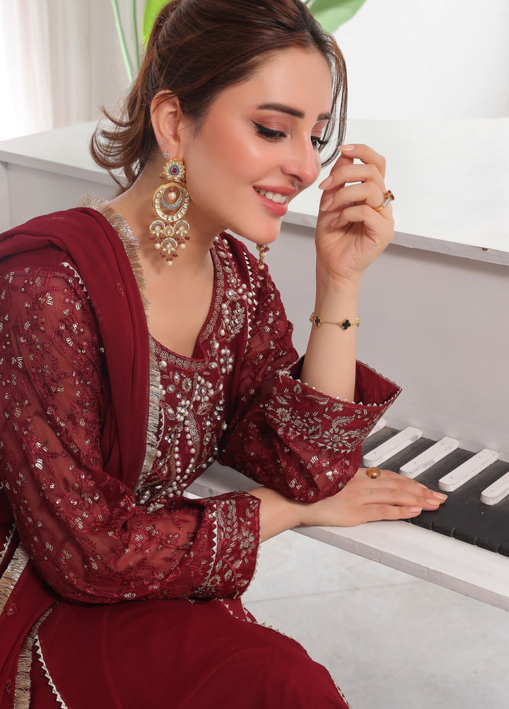 Rasm e Bahaar by Al Siyaab RTW Embroidered Chiffon 3 Piece Suit Raani Maroon Festive Collection