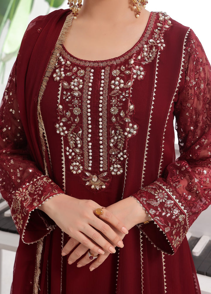 Rasm e Bahaar by Al Siyaab RTW Embroidered Chiffon 3 Piece Suit Raani Maroon Festive Collection