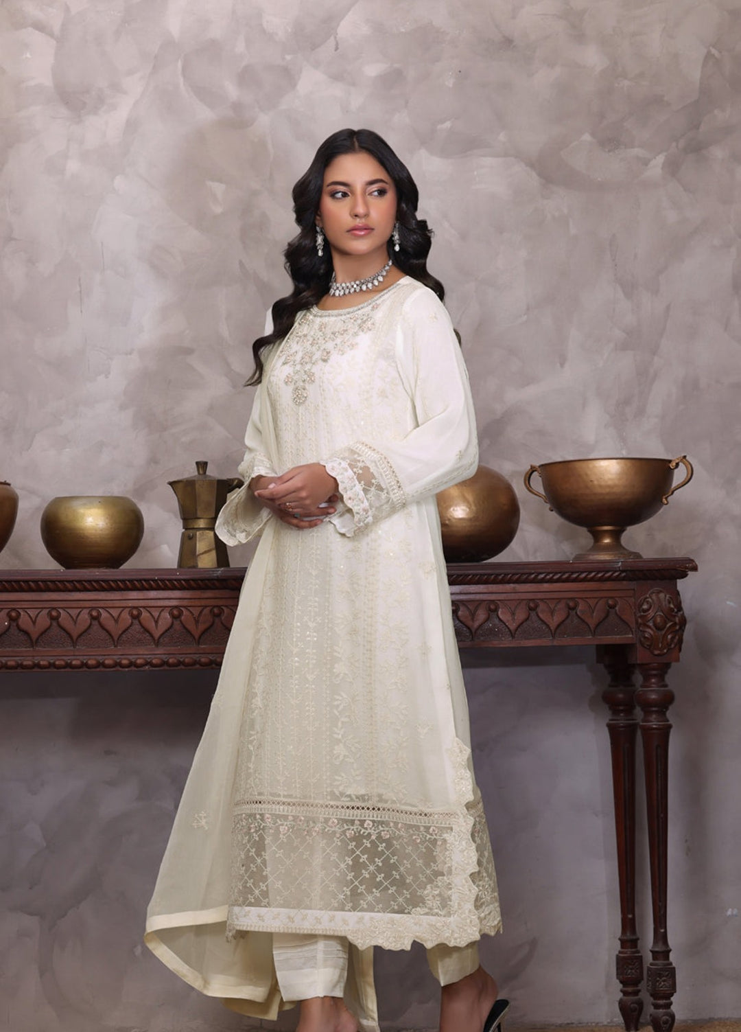 Shamooz Women RTW Embroidered Chiffon 3 Piece Suit Ivory I-CH-0020 Festive Collection