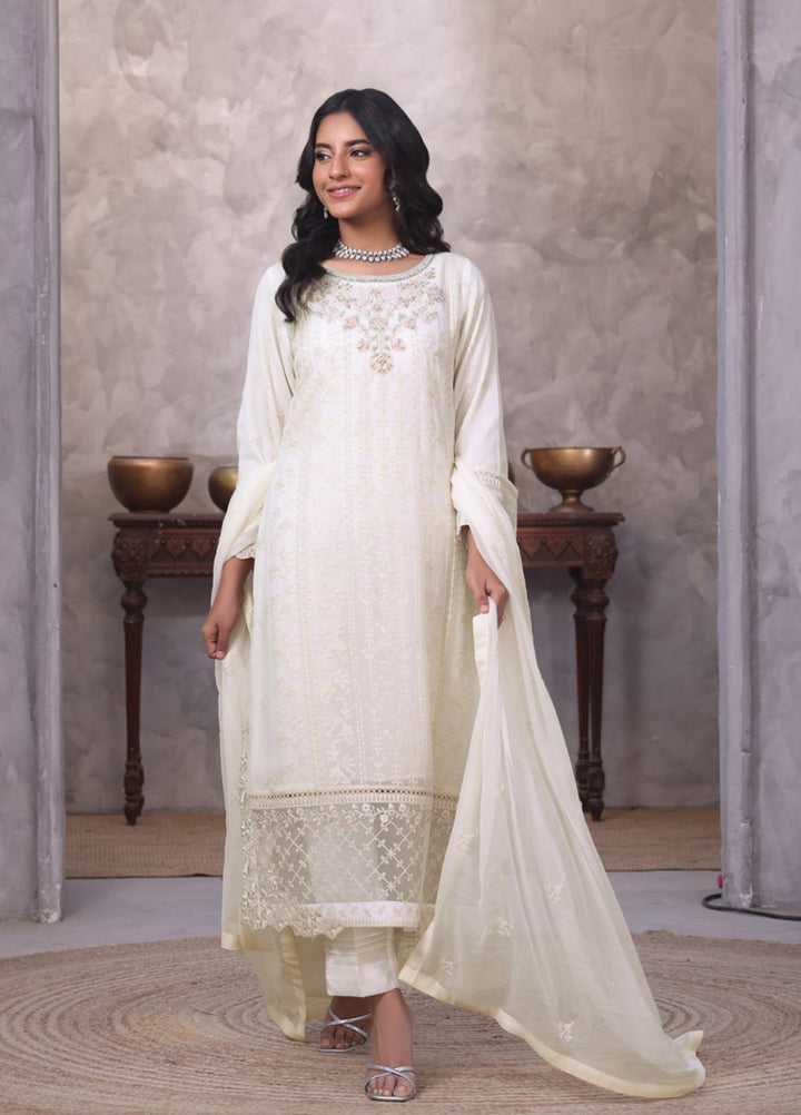 Shamooz Women RTW Embroidered Chiffon 3 Piece Suit Ivory I-CH-0020 Festive Collection