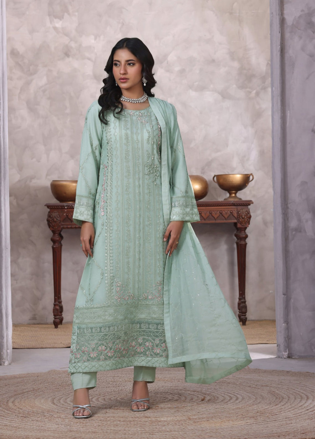 Shamooz Women RTW Embroidered Chiffon 3 Piece Suit Aqua I-CH-0017 Festive Collection