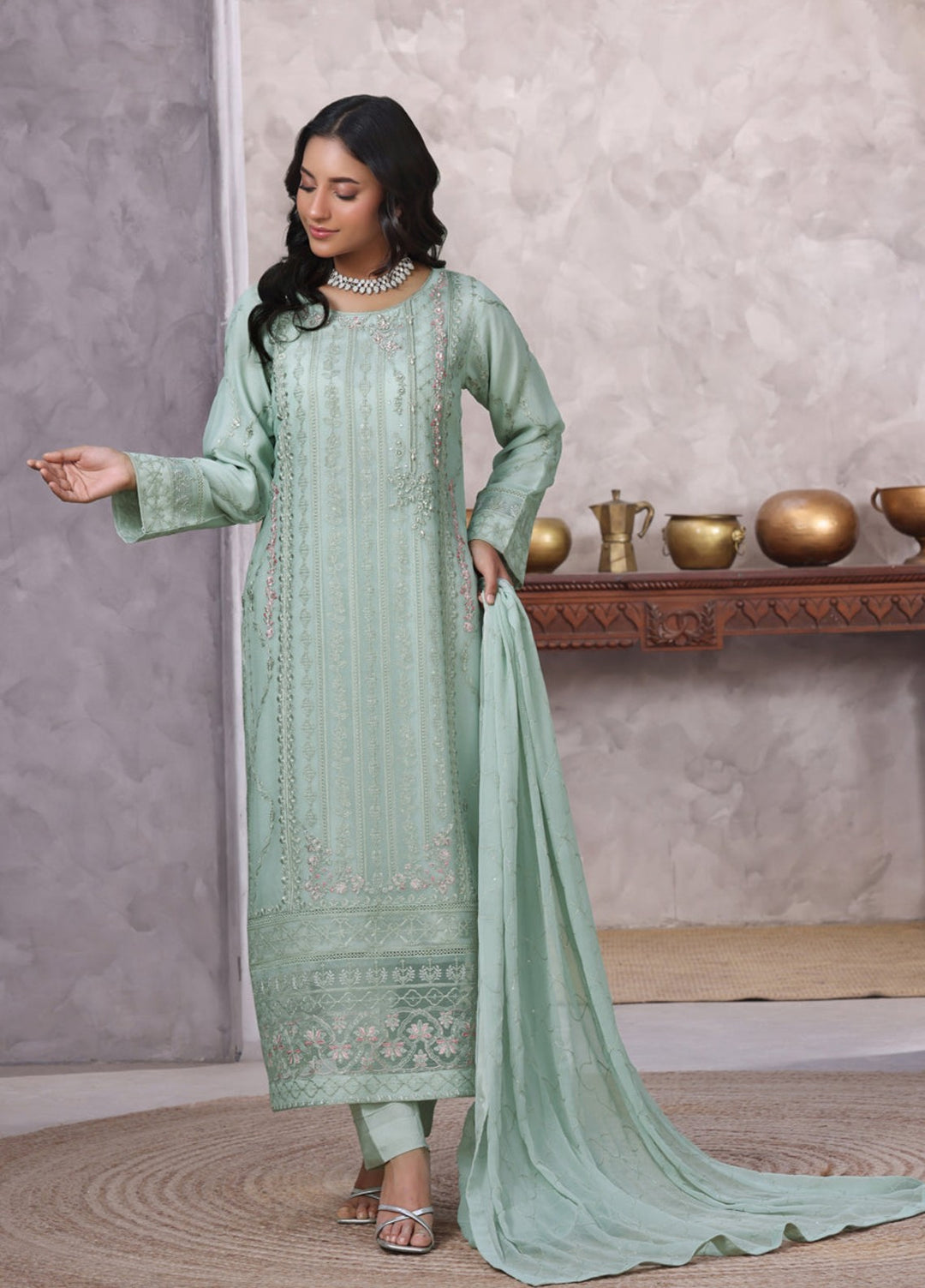 Shamooz Women RTW Embroidered Chiffon 3 Piece Suit Aqua I-CH-0017 Festive Collection