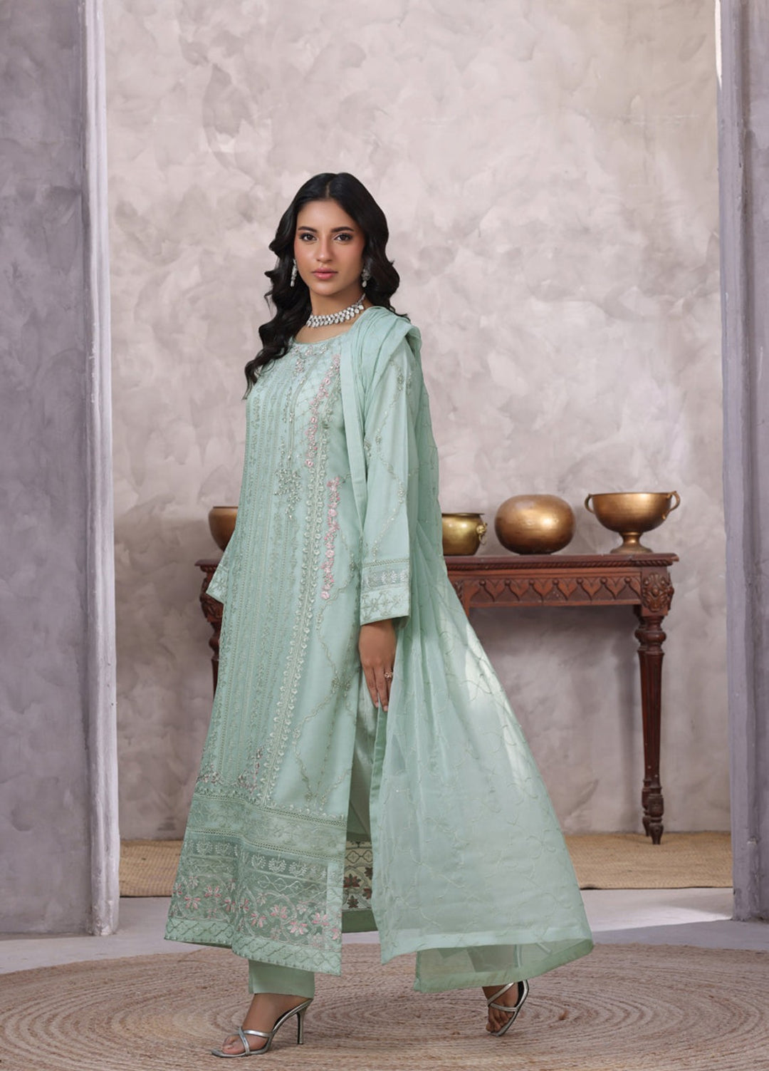 Shamooz Women RTW Embroidered Chiffon 3 Piece Suit Aqua I-CH-0017 Festive Collection