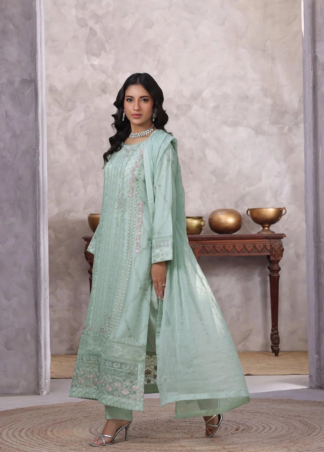 Gul Bano by Shamooz RTW Embroidered Crinkle Chiffon 3 Piece Suit SHM26RG I-CH-0017 Aqua - Festive Collection