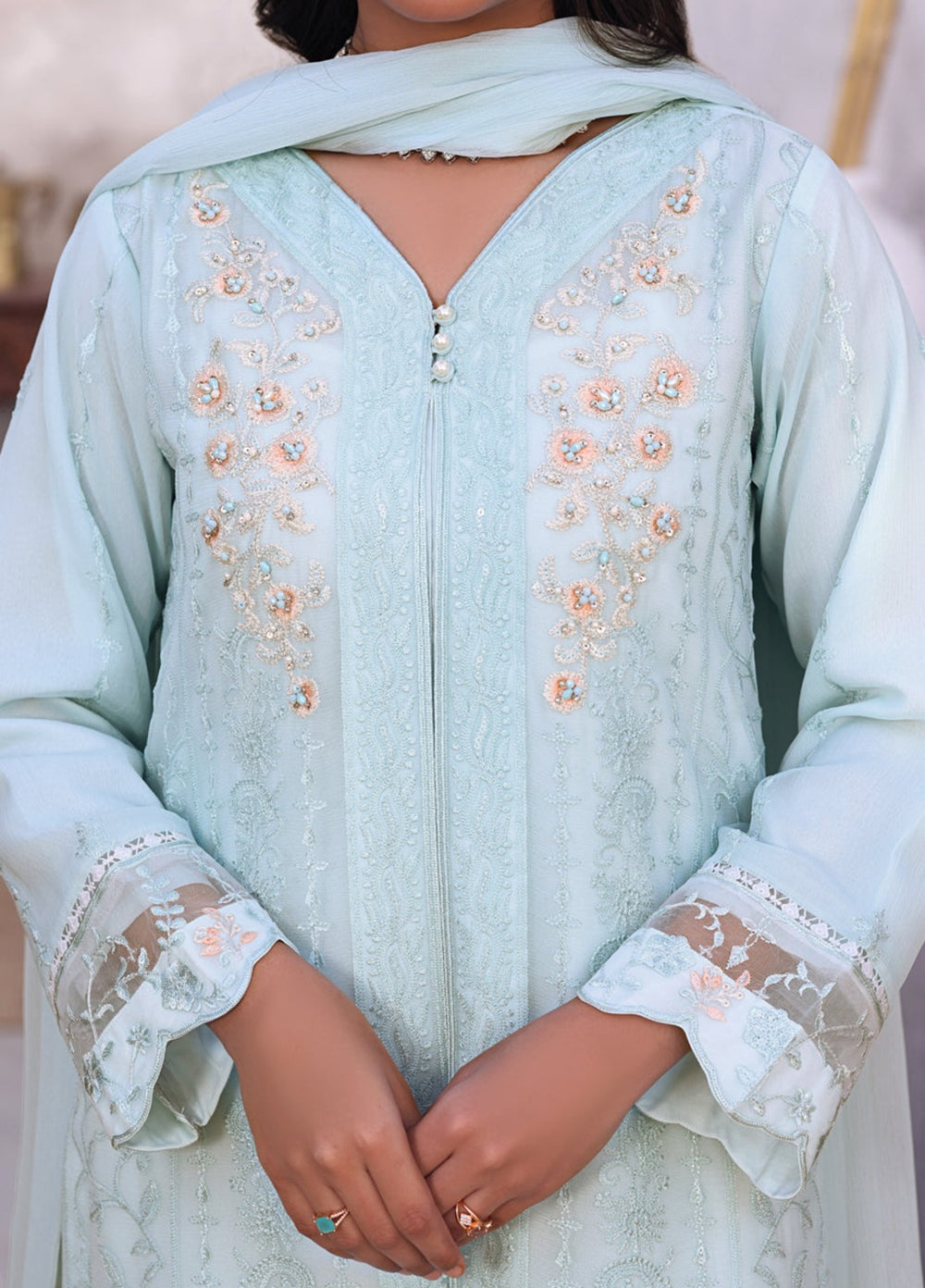 Shamooz Women RTW Embroidered Chiffon 3 Piece Suit Baby Blue I-CH-0018 Festive Collection