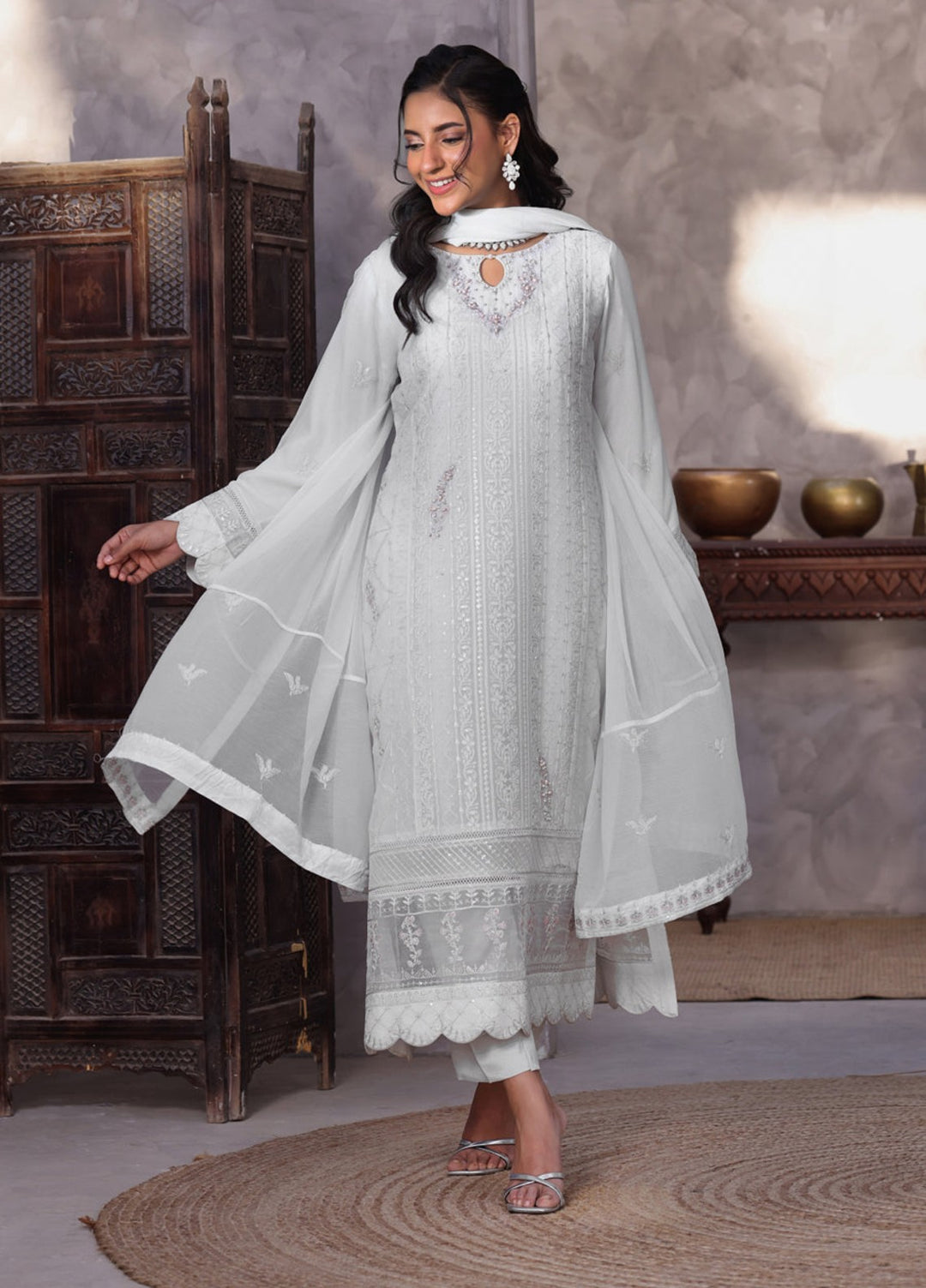 Shamooz Women RTW Embroidered Chiffon 3 Piece Suit Mist Grey I-CH-0019 Festive Collection