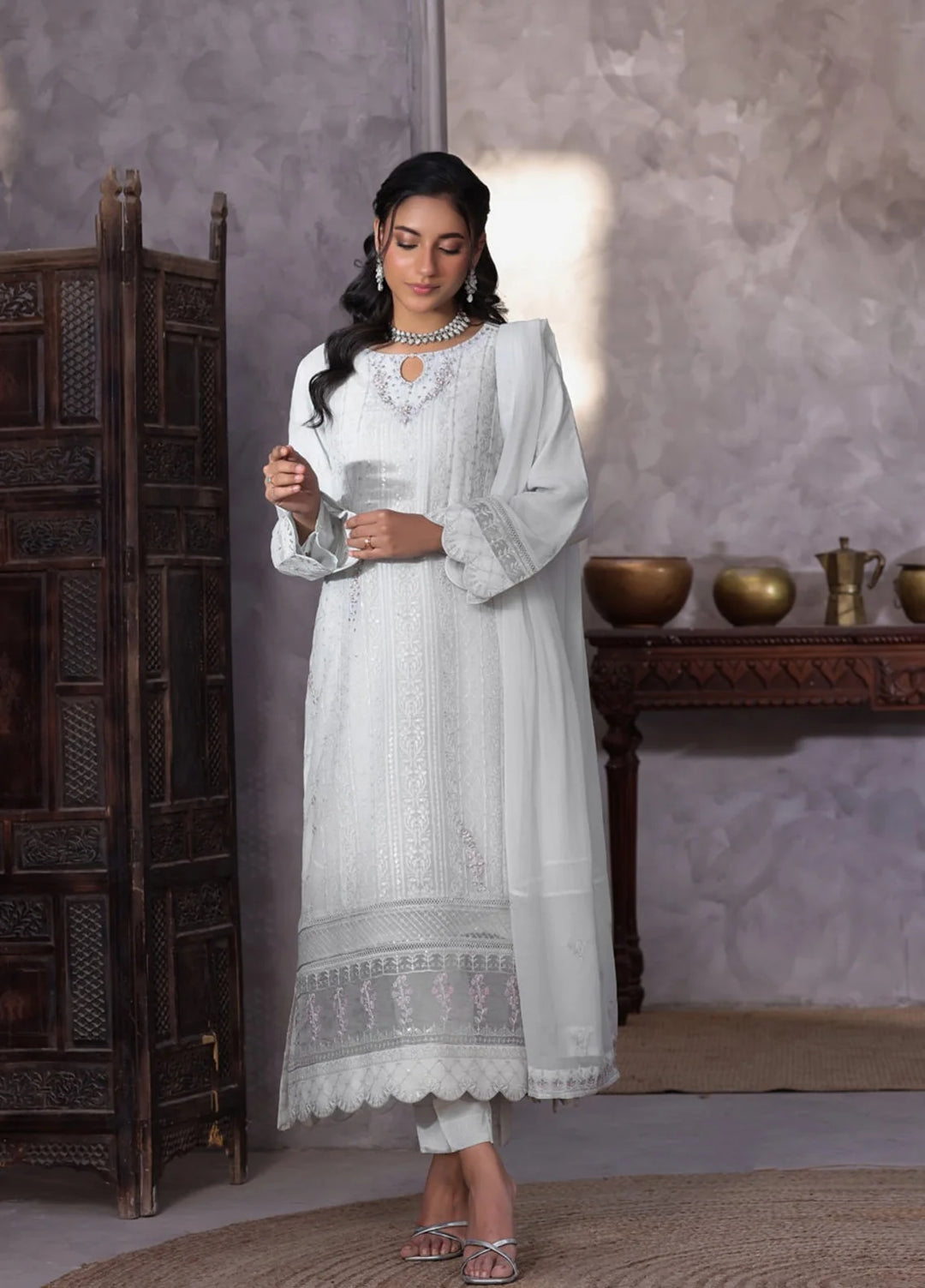 Gul Bano by Shamooz RTW Embroidered Crinkle Chiffon 3 Piece Suit SHM26RG Mist Grey I-CH-0019 - Festive Collection