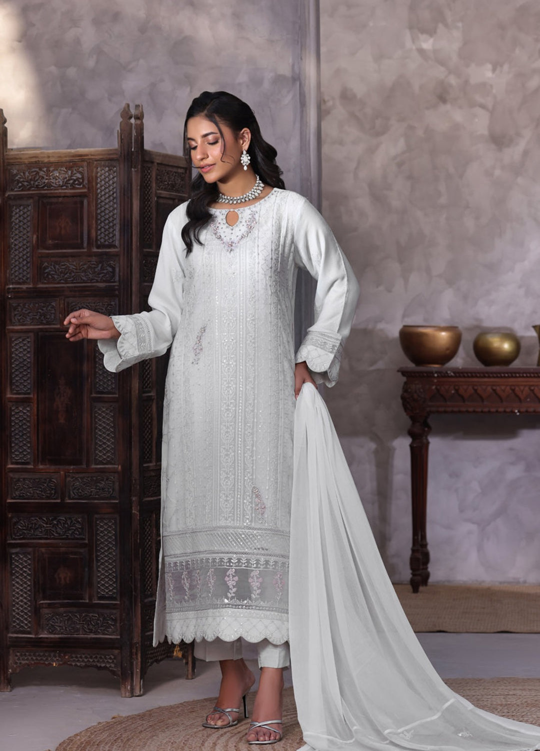 Shamooz Women RTW Embroidered Chiffon 3 Piece Suit Mist Grey I-CH-0019 Festive Collection