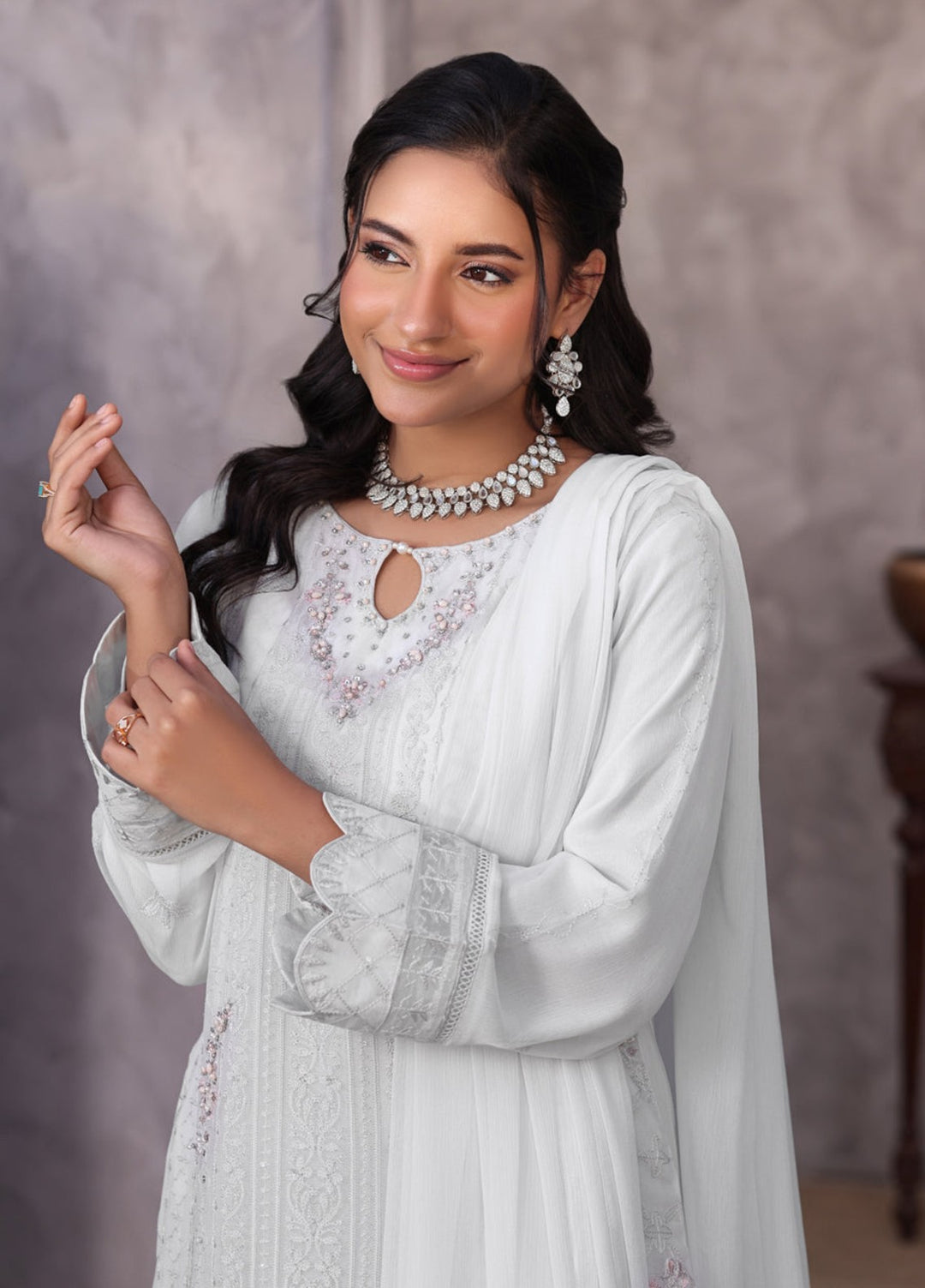 Shamooz Women RTW Embroidered Chiffon 3 Piece Suit Mist Grey I-CH-0019 Festive Collection