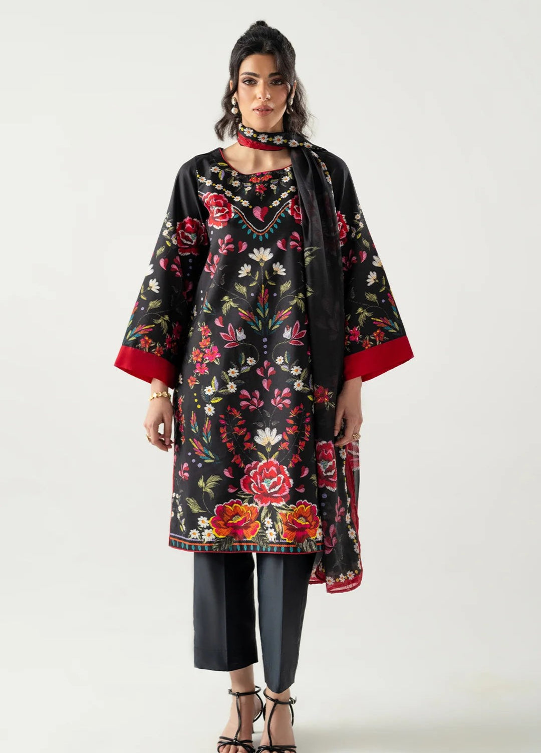Zaymal Women RTW Printed Blended Lawn 3 Piece Suit RED-BLACK Casual Collection