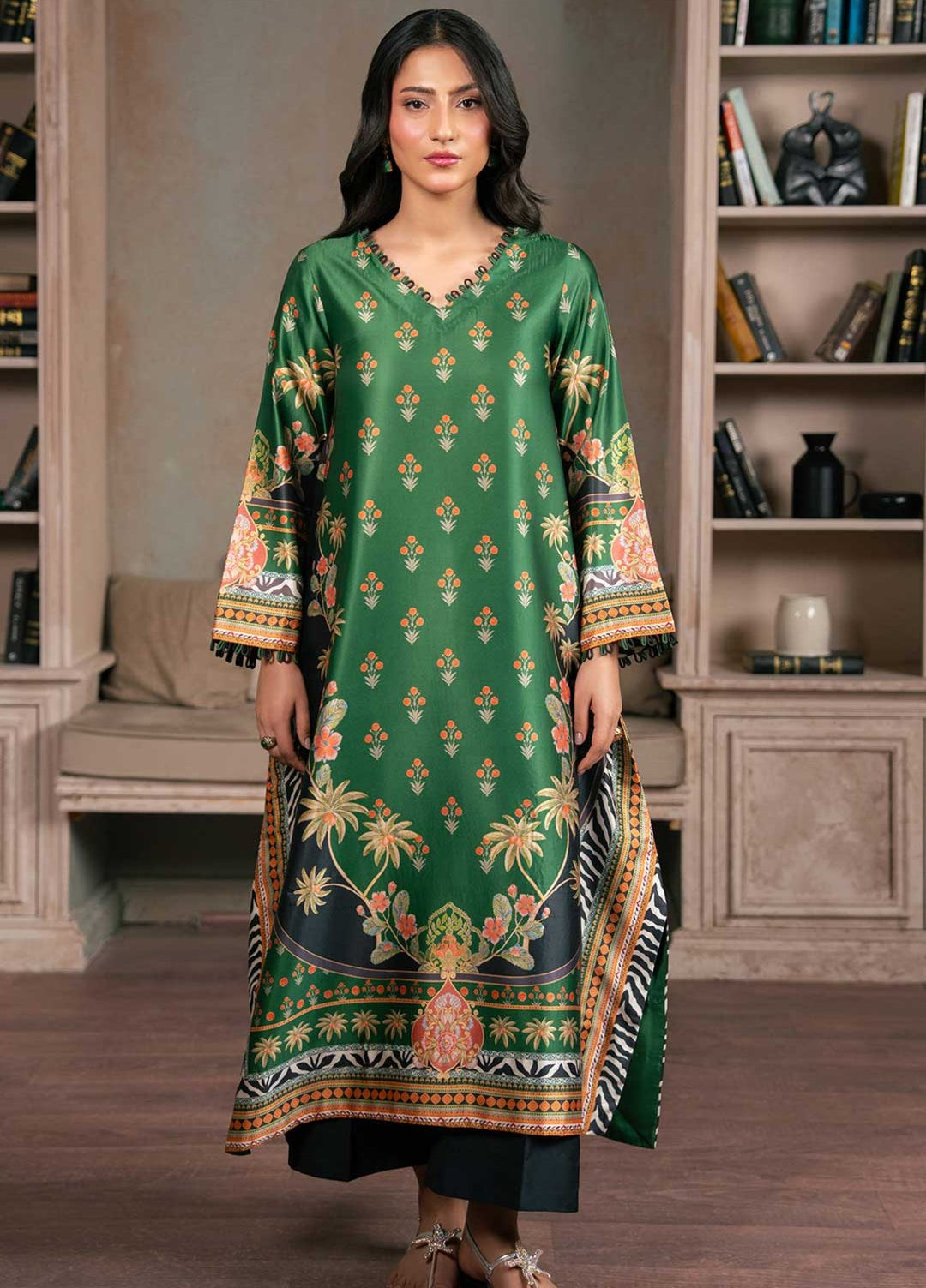 Zaymal Women RTW Printed Silk 2 Piece Suit GREEN BLACK Festive Collection