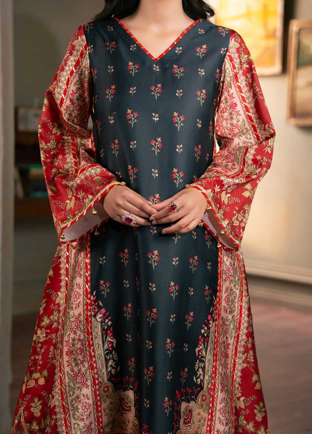 Zaymal Women RTW Printed Silk 2 Piece Suit RED BLACK Festive Collection