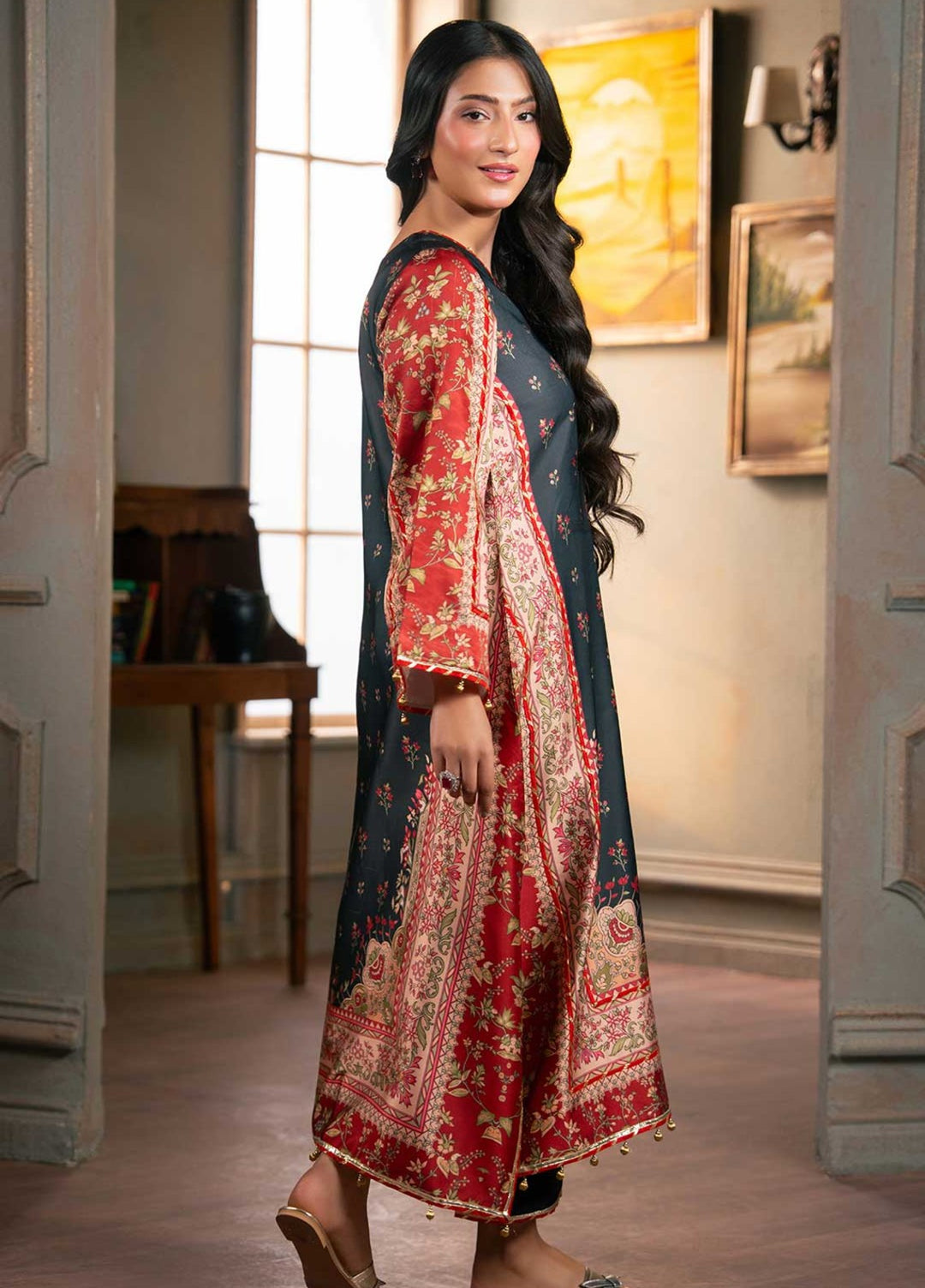 Zaymal Women RTW Printed Silk 2 Piece Suit RED BLACK Festive Collection
