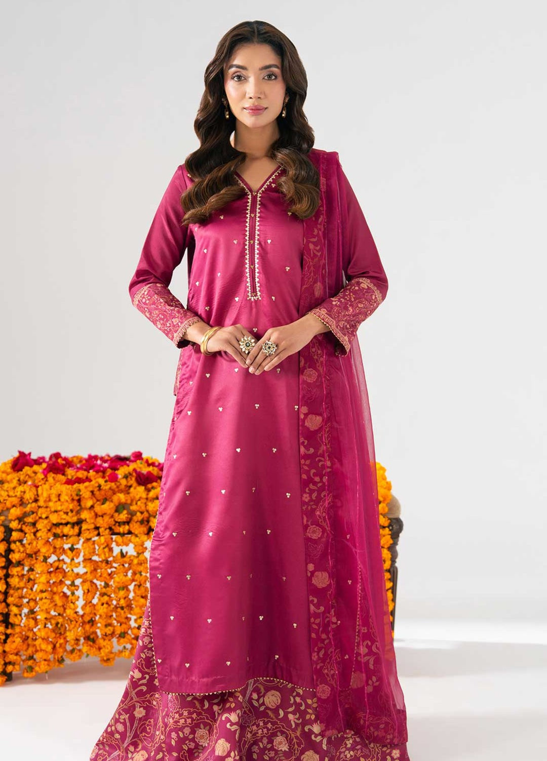 Zaymal Women RTW Printed Silk 3 Piece Suit SHOCKING PINK Festive Collection
