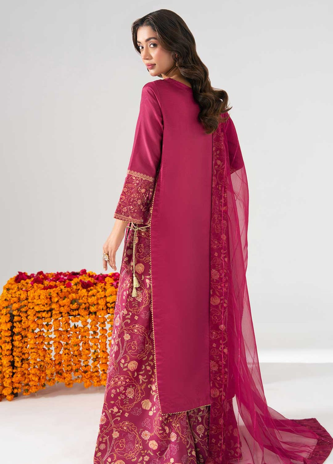 Zaymal Women RTW Printed Silk 3 Piece Suit SHOCKING PINK Festive Collection