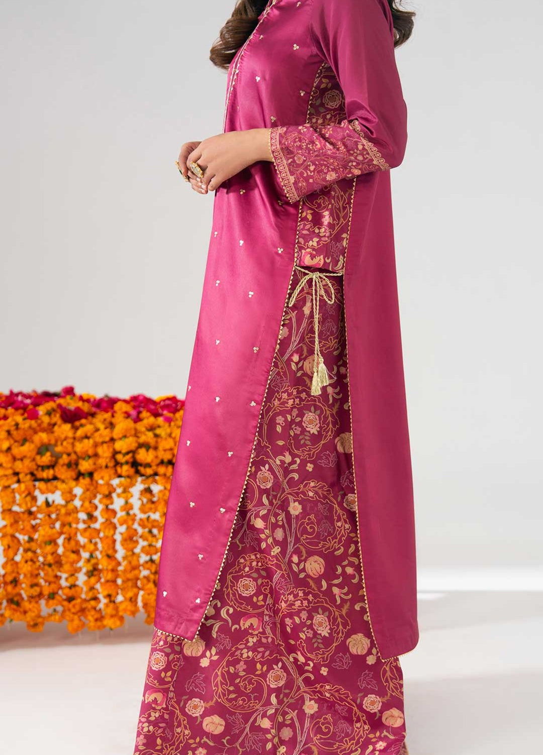 Zaymal Women RTW Printed Silk 3 Piece Suit SHOCKING PINK Festive Collection