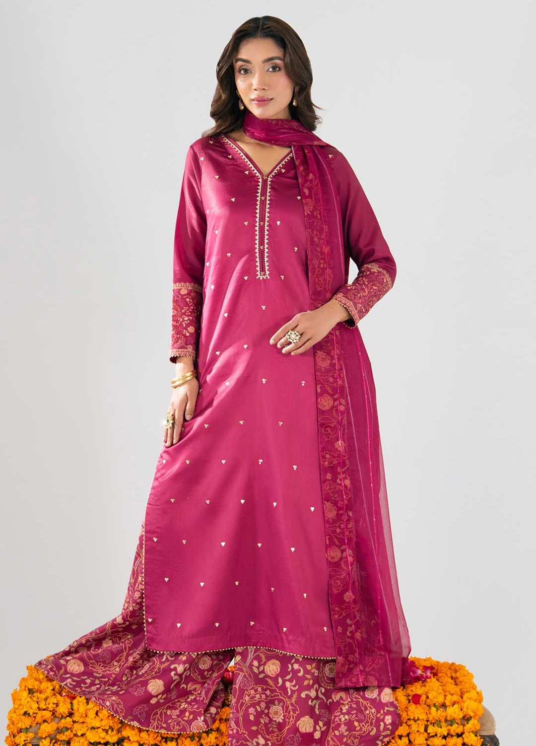 Zaymal Women RTW Printed Silk 3 Piece Suit SHOCKING PINK Festive Collection