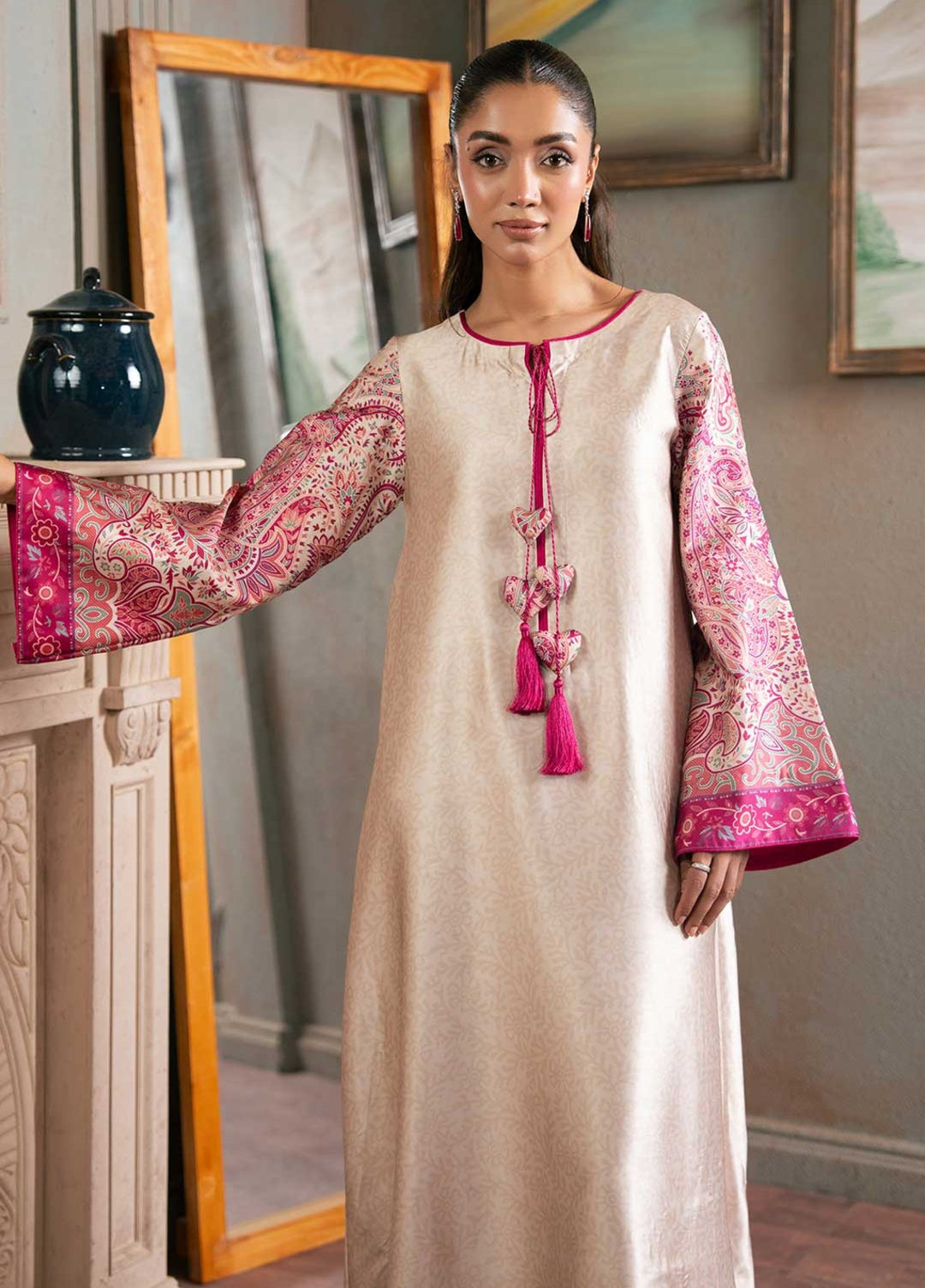 Zaymal Women RTW Printed Silk 2 Piece Suit BEIGE PINK Festive Collection