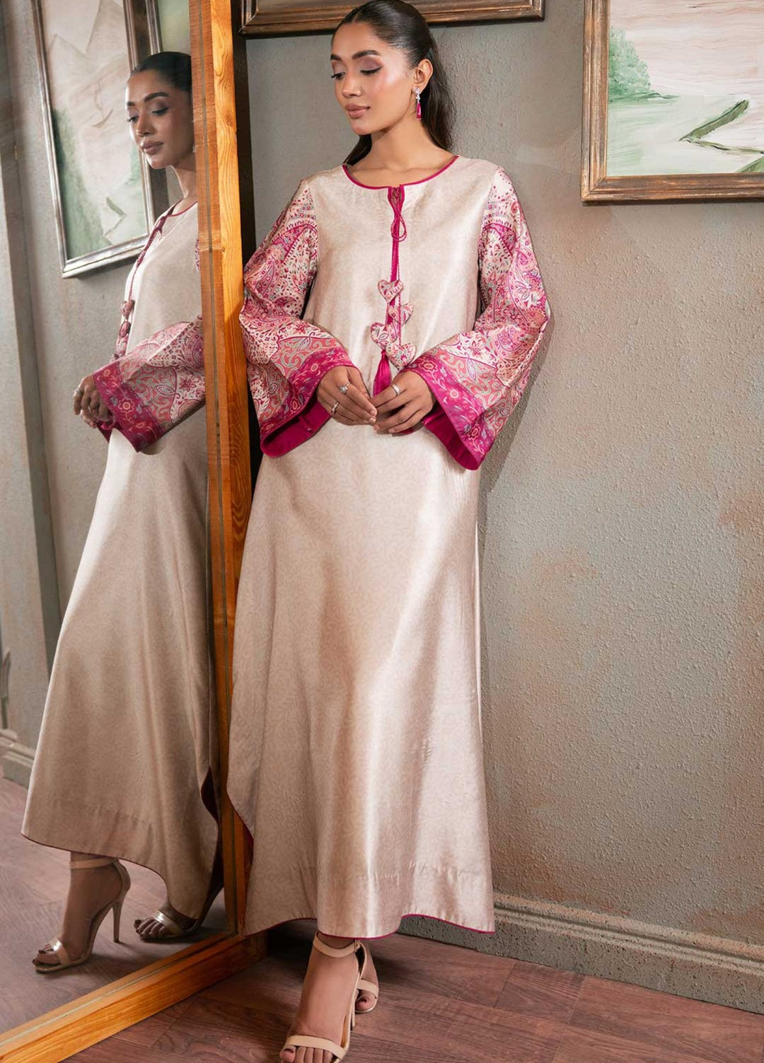 Zaymal Women RTW Printed Silk 2 Piece Suit BEIGE PINK Festive Collection