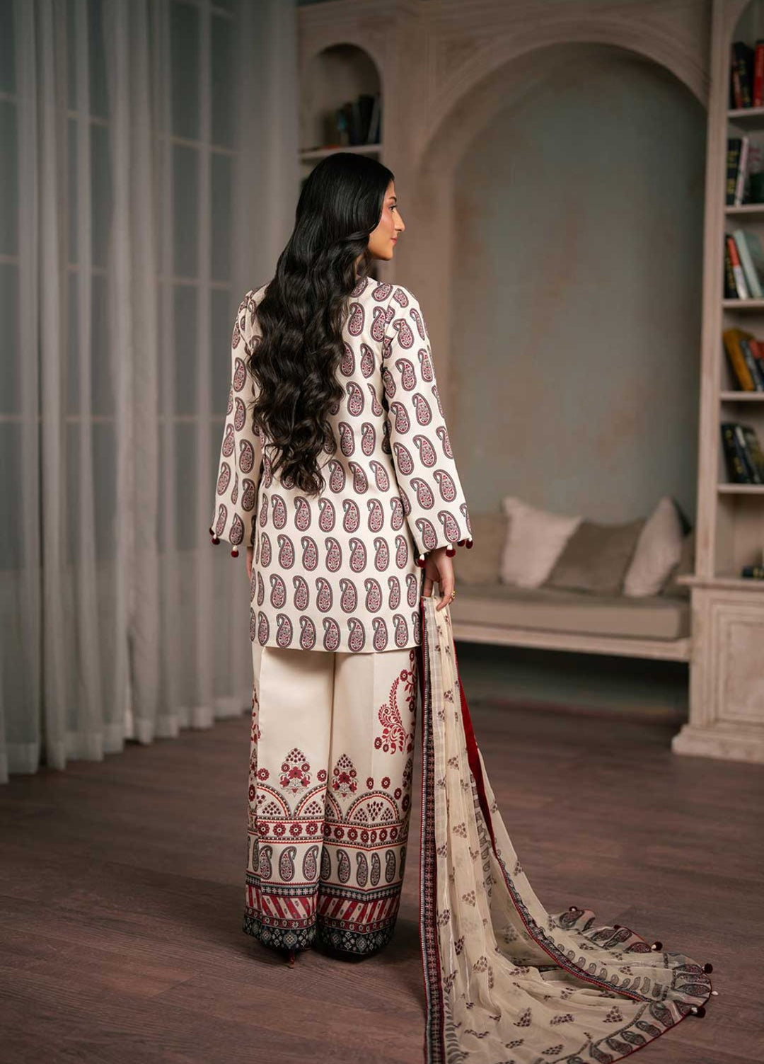 Zaymal Women RTW Printed Silk 3 Piece Suit BEIGE Festive Collection