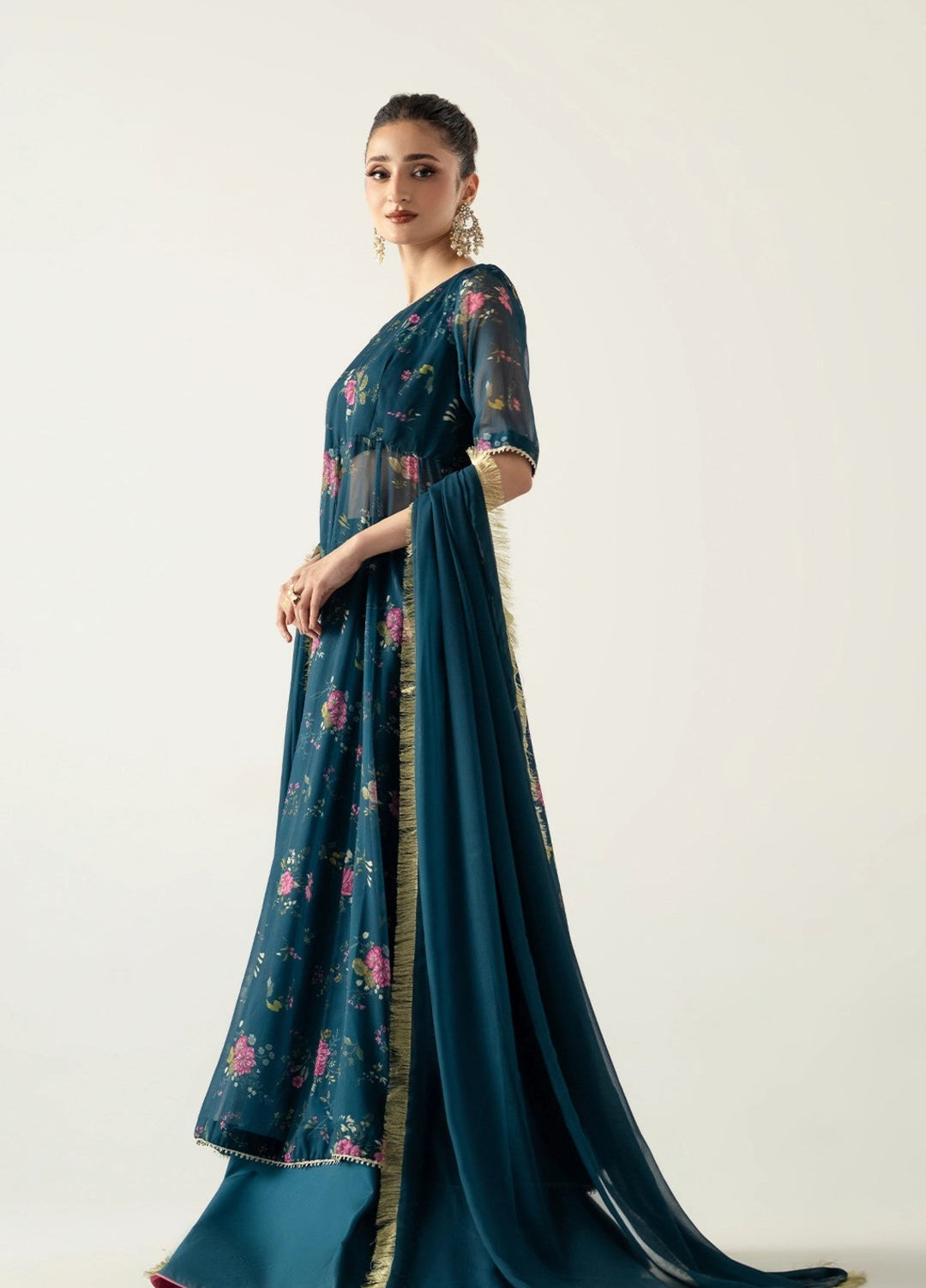 Zaymal Women RTW Printed Chiffon 3 Piece Suit DEEP TEAL Casual Collection