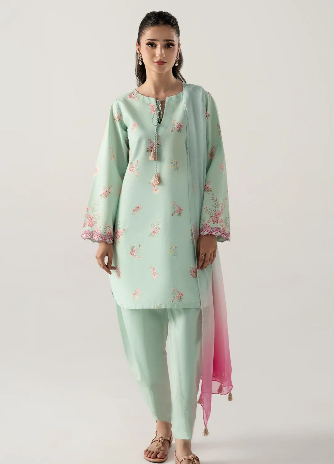 Zaymal Women RTW Printed Blended Lawn 3 Piece Suit MINT-PINK Casual Collection