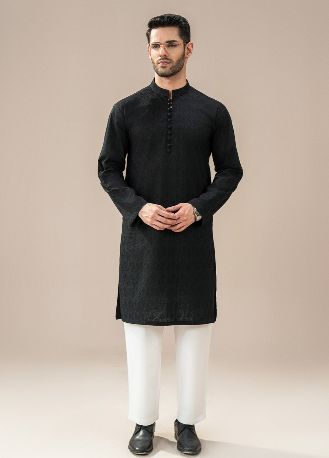 Divinely Crafted Mens RTW Chikankari Cotton 2 Piece Suit Black Chikankari Casual Collection