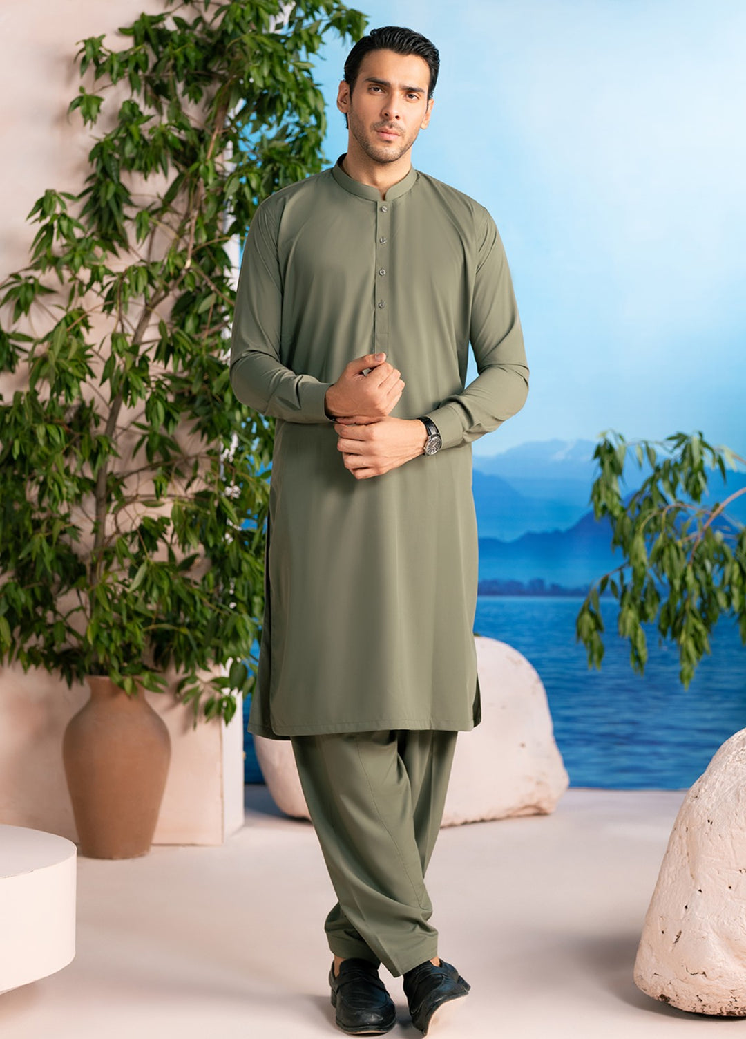 Divinely Crafted Mens RTW Solids Wash N wear 2 Piece Suit Olive Green Casual Collection