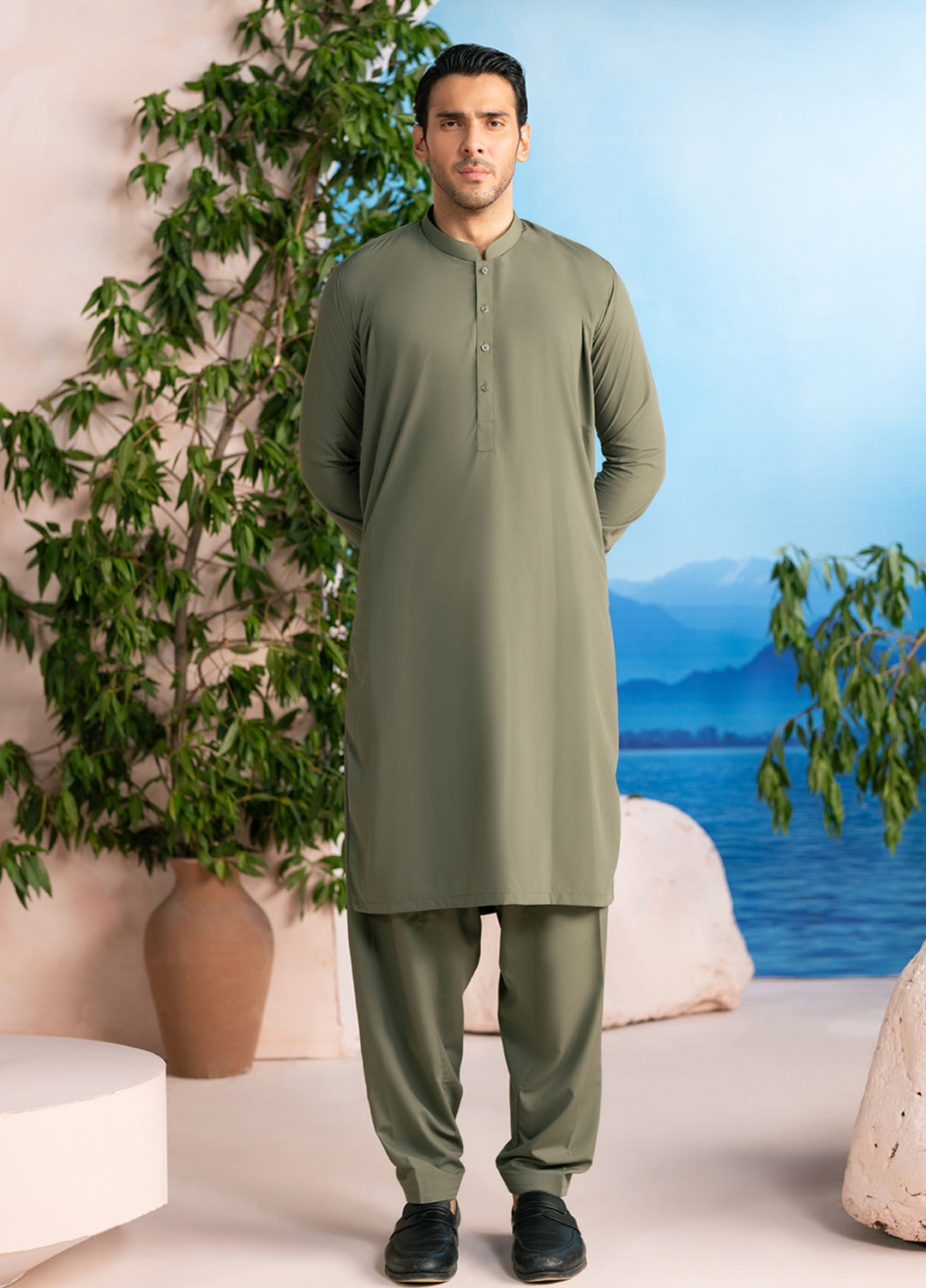 Divinely Crafted Mens RTW Solids Wash N wear 2 Piece Suit Olive Green Casual Collection